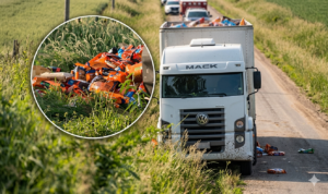 Caminhão carregado com ração tomba em Anaurilândia na MS-480