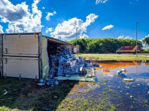 Caminhão carregado com peixes tomba em trevo da MS-338, em Santa Rita do Pardo