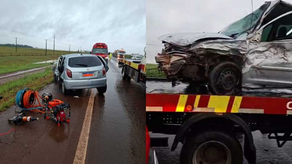 Motoristas se envolvem em acidente e ficam presos às ferragens na BR-163 Motoristas se envolvem em acidente e ficam presos às ferragens na BR-163